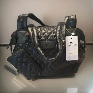 HeartLove by Charo Black Puffer Quilted Black Tote, Zip Pouch Large NWT
